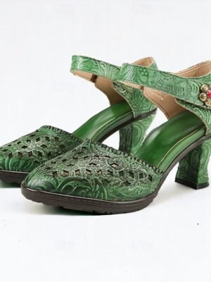 Vintage Handmade Floral Embossed Ankle Strap Heels - Image 7