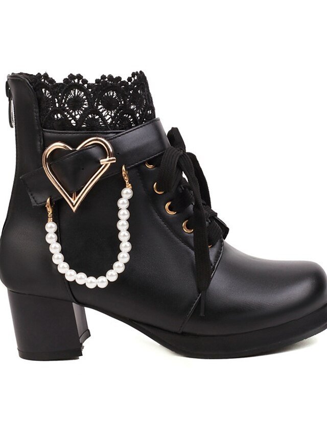 Vintage-Inspired Lace-Up Heart Pearl Chunky Heel Ankle Boots - Image 16