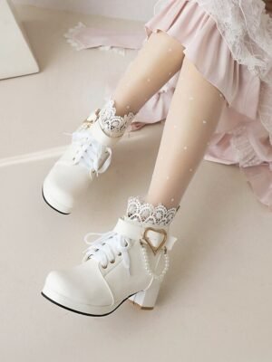 Vintage-Inspired Lace-Up Heart Pearl Chunky Heel Ankle Boots - Image 3
