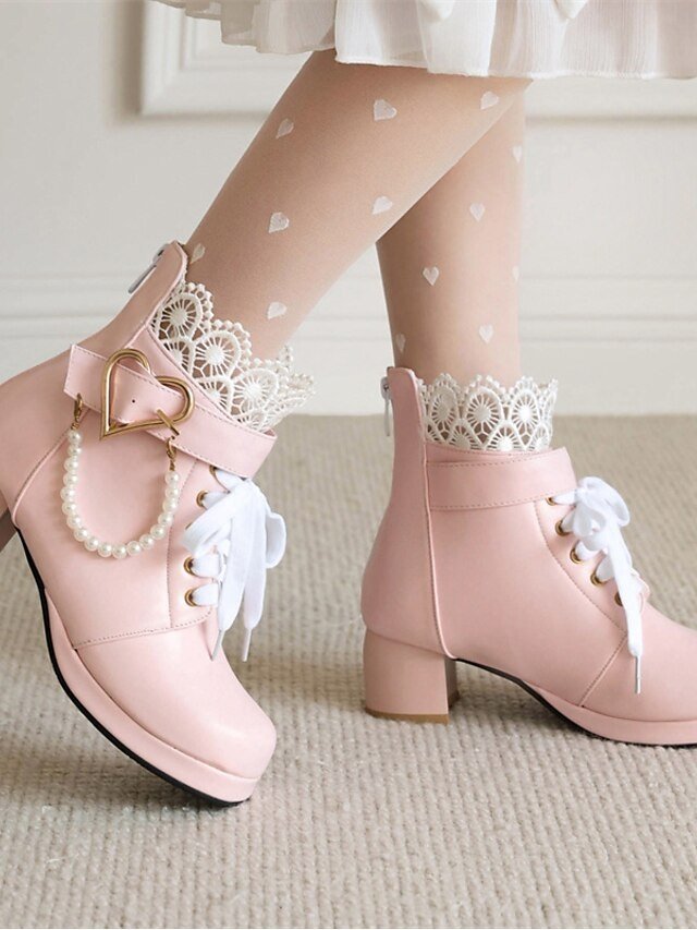 Vintage-Inspired Lace-Up Heart Pearl Chunky Heel Ankle Boots - Image 8