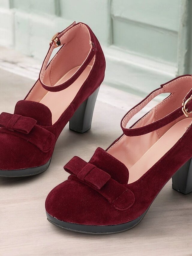 Vintage-Inspired Platform Bow Detail Green Suede Mary Jane Heels - Image 2