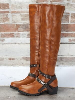 Vintage Knee-High Faux Leather Buckle Riding Boots - Image 1