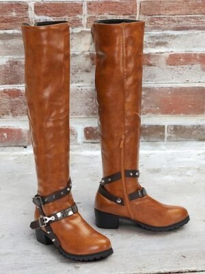 Vintage Knee-High Faux Leather Buckle Riding Boots - Image 2