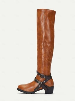 Vintage Knee-High Faux Leather Buckle Riding Boots - Image 4