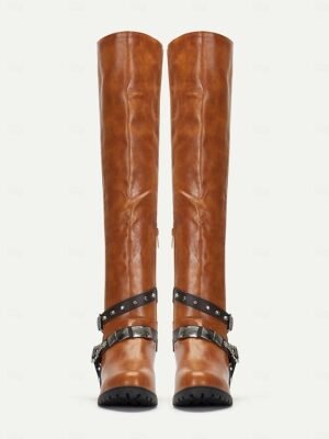 Vintage Knee-High Faux Leather Buckle Riding Boots - Image 5