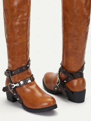 Vintage Knee-High Faux Leather Buckle Riding Boots - Image 6