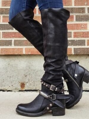 Vintage Knee-High Faux Leather Buckle Riding Boots - Image 7