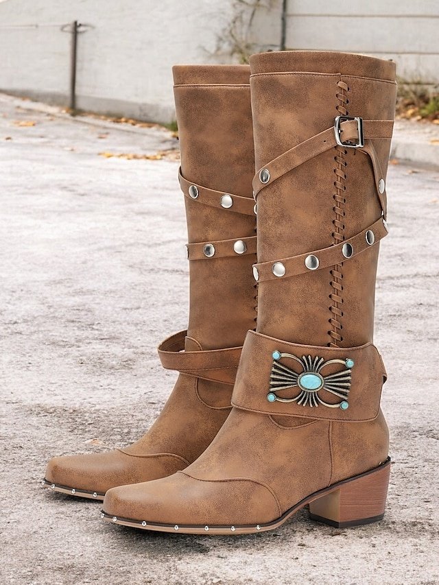 Vintage Knee-High Studded Western Cowgirl Boots - Image 1
