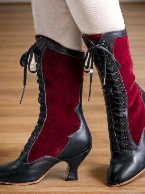 Vintage Lace-Up Red Black Kitten Heel Boots - Image 1