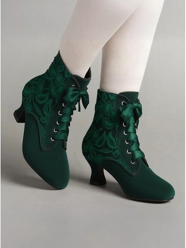 Vintage Lace-Up Round Toe High Heel Ankle Boots - Image 1