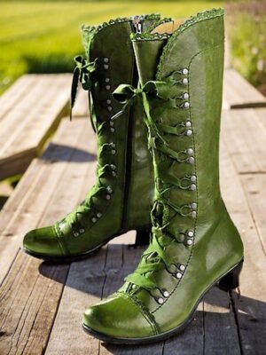 Vintage Lace-Up Round Toe Mid-Heel Boots - Image 10