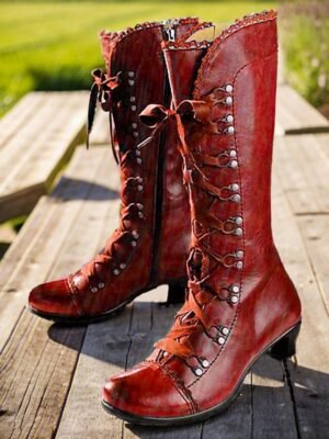 Vintage Lace-Up Round Toe Mid-Heel Boots - Image 12