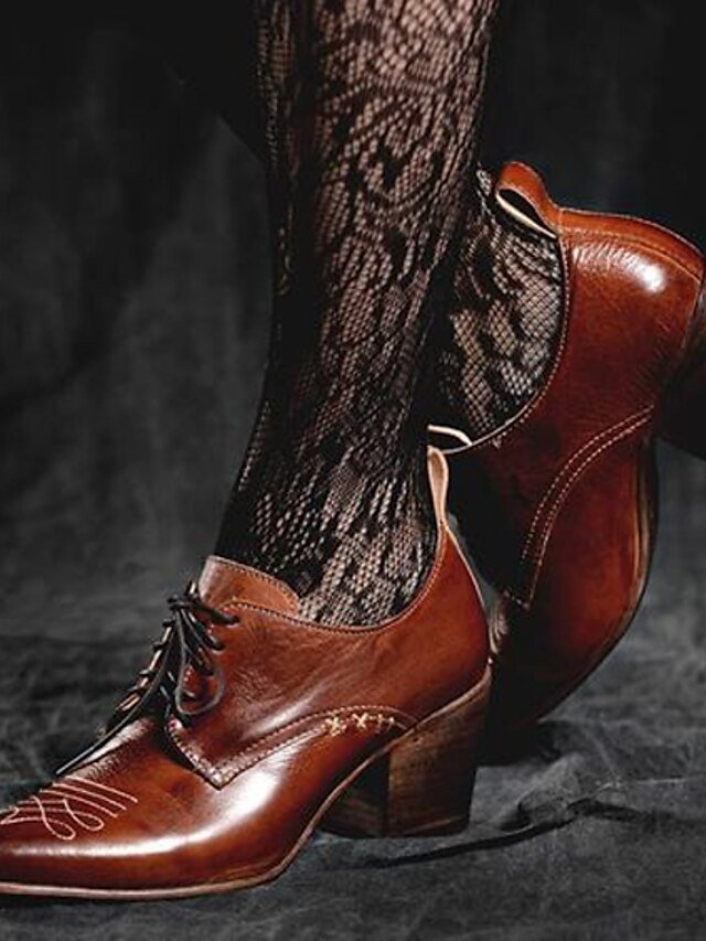 Vintage Mid Block Heel Lace-Up Faux Leather Oxford Heels - Image 1