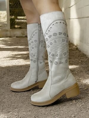 Vintage Mid-Calf Embroidered Laser-Cut Western Cowboy Boots - Image 4