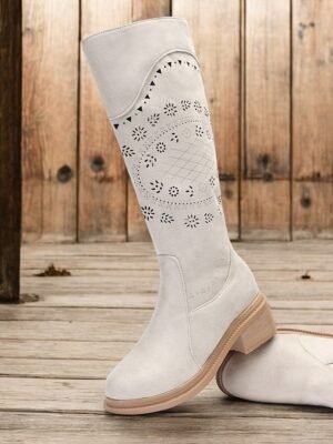 Vintage Mid-Calf Embroidered Laser-Cut Western Cowboy Boots - Image 5