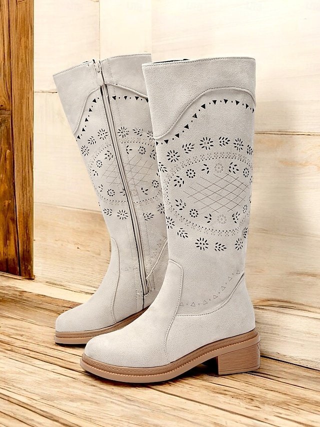 Vintage Mid-Calf Embroidered Laser-Cut Western Cowboy Boots - Image 6