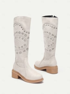 Vintage Mid-Calf Embroidered Laser-Cut Western Cowboy Boots - Image 7