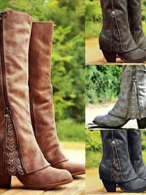Vintage Mid-Calf Suede Western Lace Detail Boots - Image 1