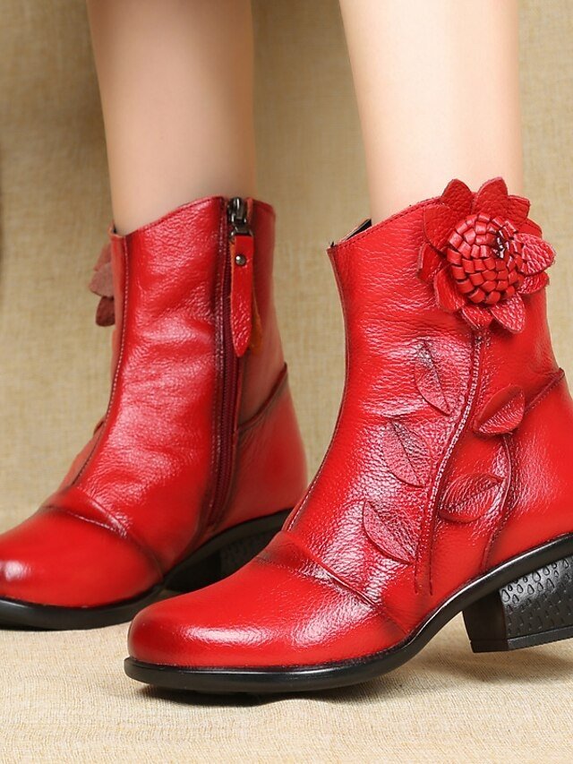 Vintage Mid-Heel Floral Appliqué Red Leather Ankle Boots - Image 1
