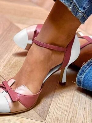 Vintage Pink White Bow Round Toe Mid Heel High Heel Shoes - Image 1