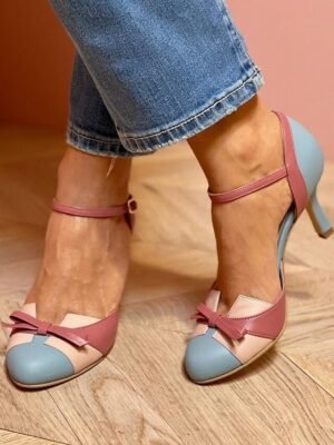 Vintage Pink White Bow Round Toe Mid Heel High Heel Shoes - Image 4