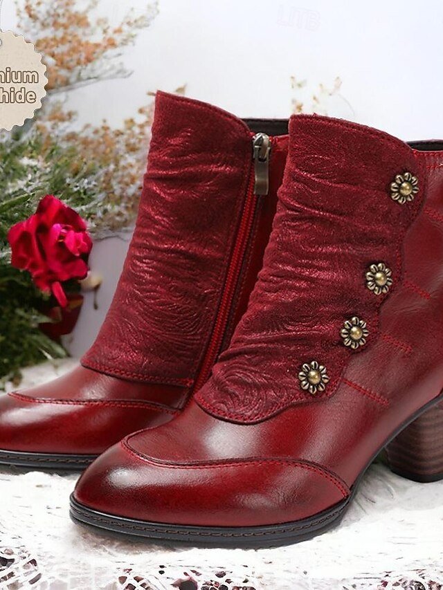 Vintage Red Floral Button Ankle Leather Boots - Image 1