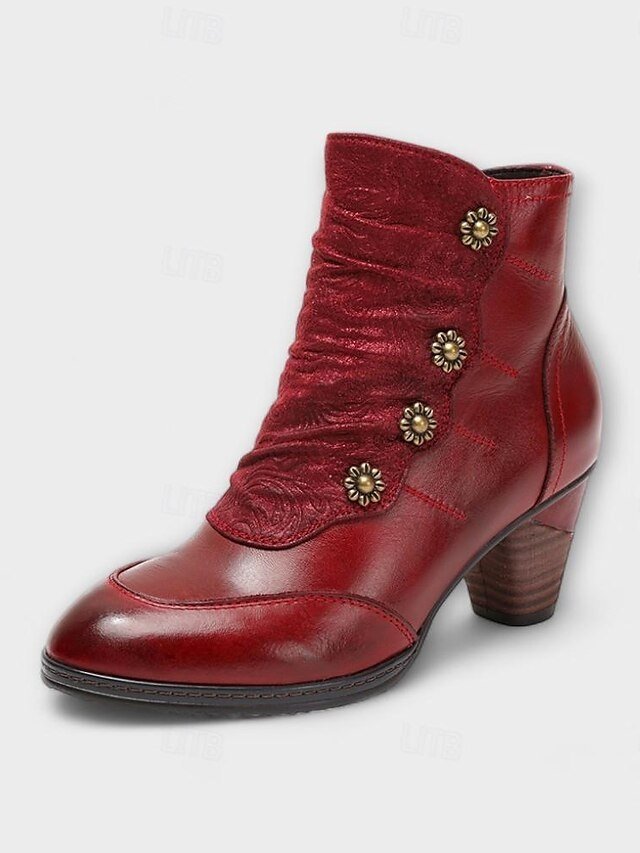 Vintage Red Floral Button Ankle Leather Boots - Image 2