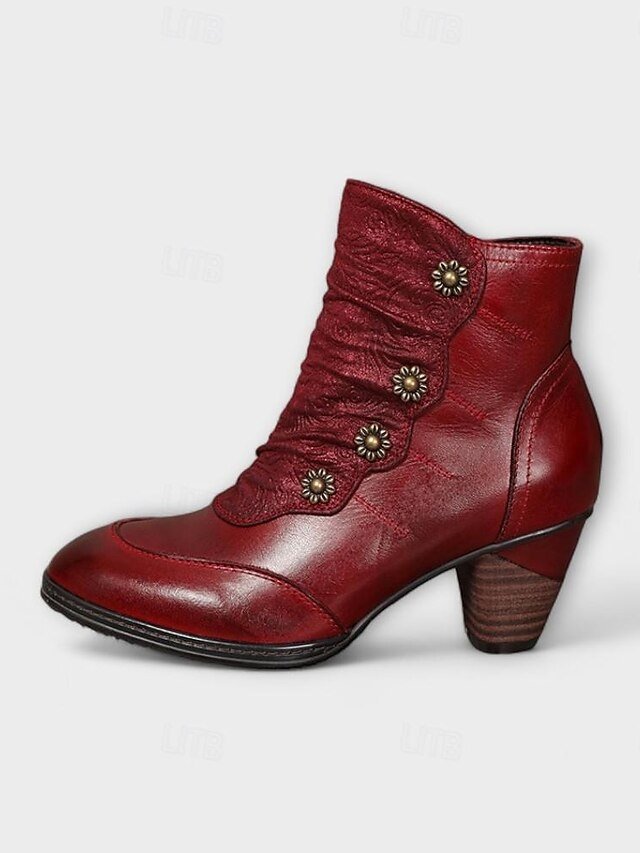 Vintage Red Floral Button Ankle Leather Boots - Image 3