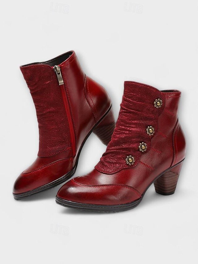 Vintage Red Floral Button Ankle Leather Boots - Image 5