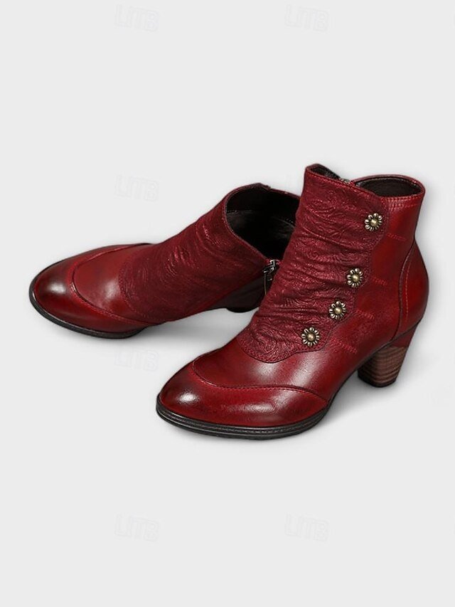 Vintage Red Floral Button Ankle Leather Boots - Image 6