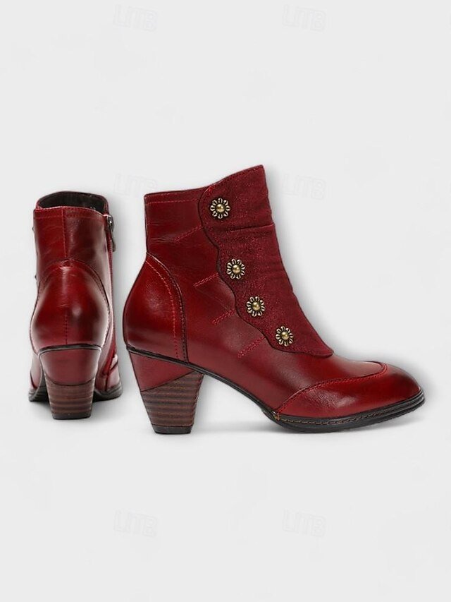 Vintage Red Floral Button Ankle Leather Boots - Image 7