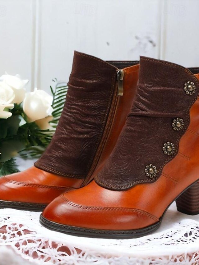 Vintage Red Floral Button Ankle Leather Boots - Image 8