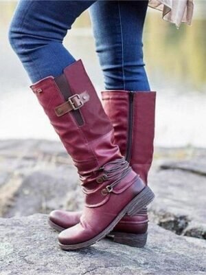 Vintage Red Knee-High Faux Leather Buckle Boots - Image 1