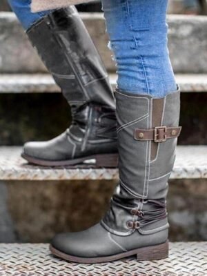 Vintage Red Knee-High Faux Leather Buckle Boots - Image 3