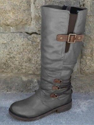 Vintage Red Knee-High Faux Leather Buckle Boots - Image 4