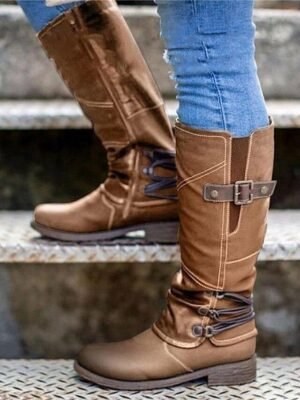 Vintage Red Knee-High Faux Leather Buckle Boots - Image 5
