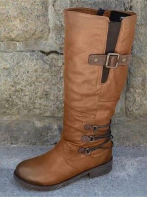 Vintage Red Knee-High Faux Leather Buckle Boots - Image 6