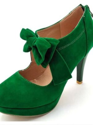 Vintage Red Suede Bow Platform High Heel Pumps - Image 10