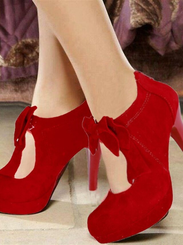 Vintage Red Suede Bow Platform High Heel Pumps - Image 2