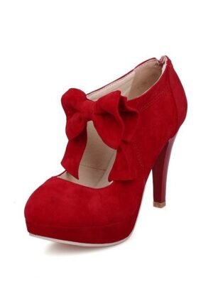 Vintage Red Suede Bow Platform High Heel Pumps - Image 3