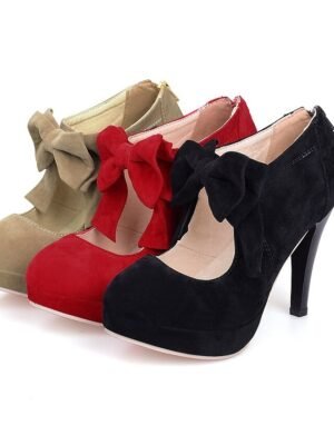Vintage Red Suede Bow Platform High Heel Pumps - Image 5