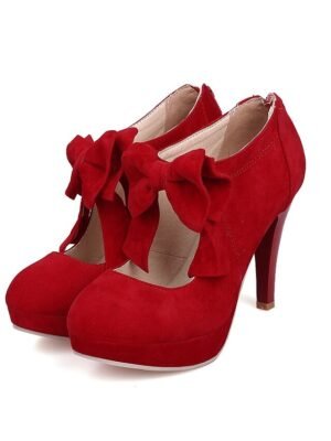 Vintage Red Suede Bow Platform High Heel Pumps - Image 6