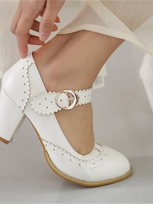 Vintage Retro Brogue Scalloped Strap Block Heel Mary Jane Heels - Image 2