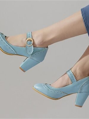 Vintage Retro Brogue Scalloped Strap Block Heel Mary Jane Heels - Image 3