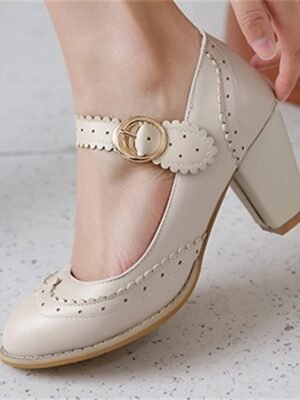 Vintage Retro Brogue Scalloped Strap Block Heel Mary Jane Heels - Image 4