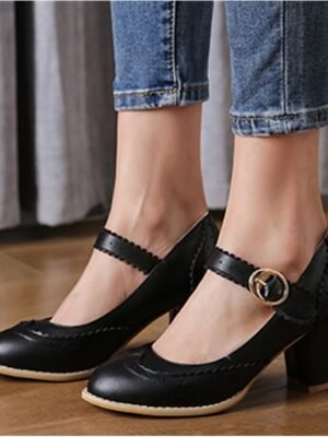 Vintage Retro Brogue Scalloped Strap Block Heel Mary Jane Heels - Image 6