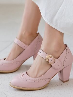 Vintage Retro Brogue Scalloped Strap Block Heel Mary Jane Heels - Image 8