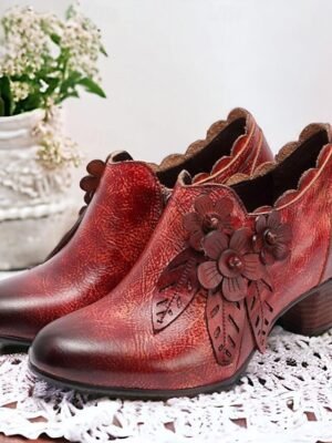 Vintage Retro Floral Round Toe Ankle Boots - Image 8