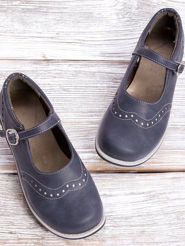 Vintage Round Toe Faux Leather Buckle Strap Flats - Image 2