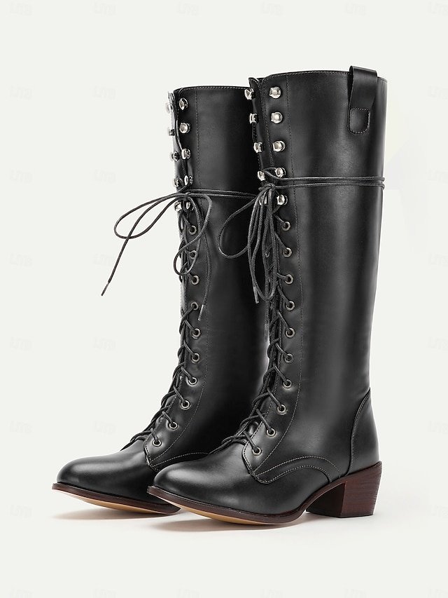 Vintage Rustic Western Lace-Up Round Toe Knee-High Boots - Image 10